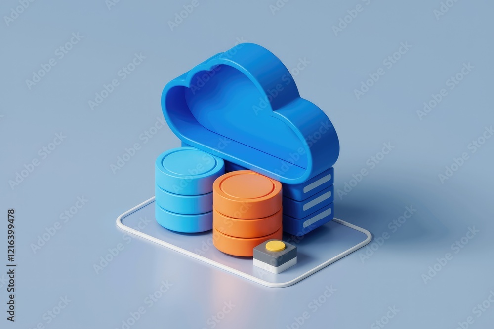 Poster 3d illustration of cloud computing, data storage, and server infrastructure.