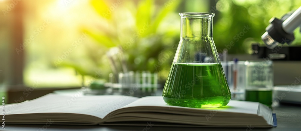 Aufkleber green liquid research: science experiment in lab with erlenmeyer flask, microscope, and notebook for