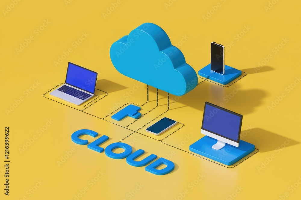 Poster cloud computing connects devices like laptops, smartphones, and desktops, enabling data sharing and 