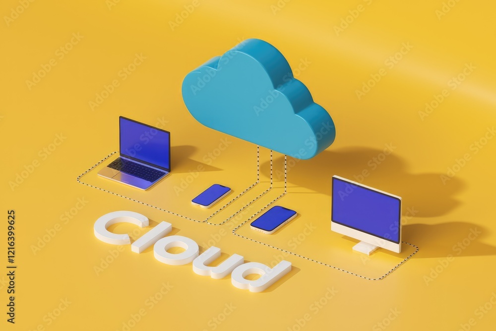 Poster cloud computing connecting devices like laptops, smartphones, and desktop computers for data storage