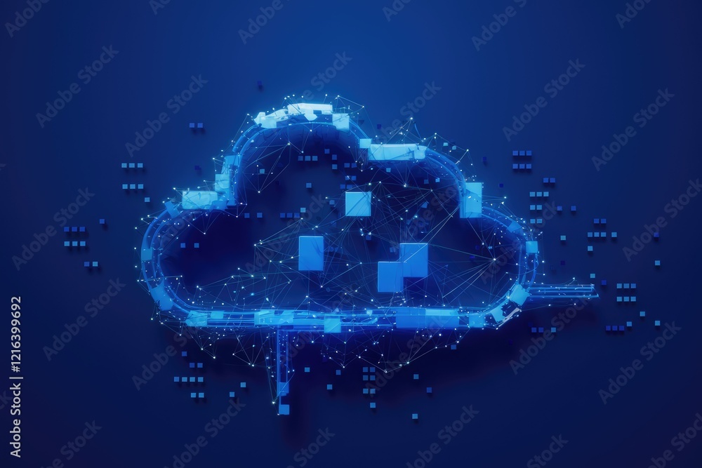 Poster abstract cloud computing network concept with glowing nodes and connections, representing data stora