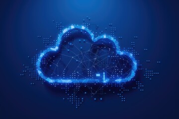 Abstract digital cloud network concept, glowing blue lines and nodes forming a cloud shape on dark background.