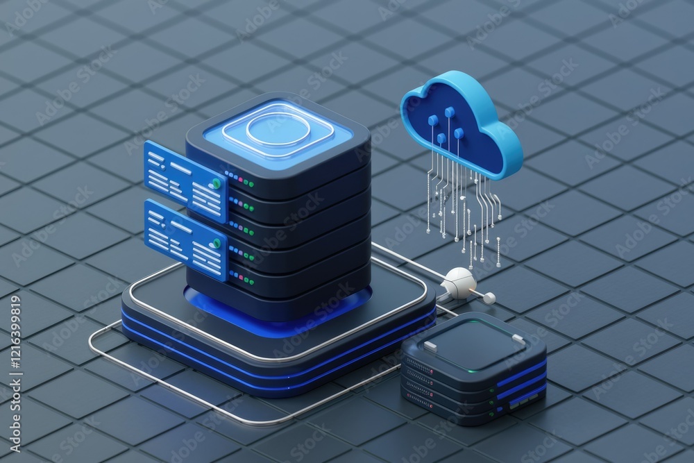 Poster Cloud computing server infrastructure with data transfer and storage.