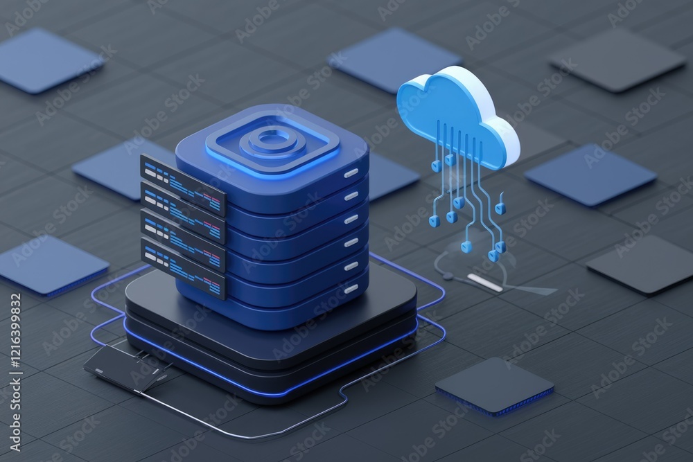 Poster cloud computing data storage server infrastructure with digital connections.