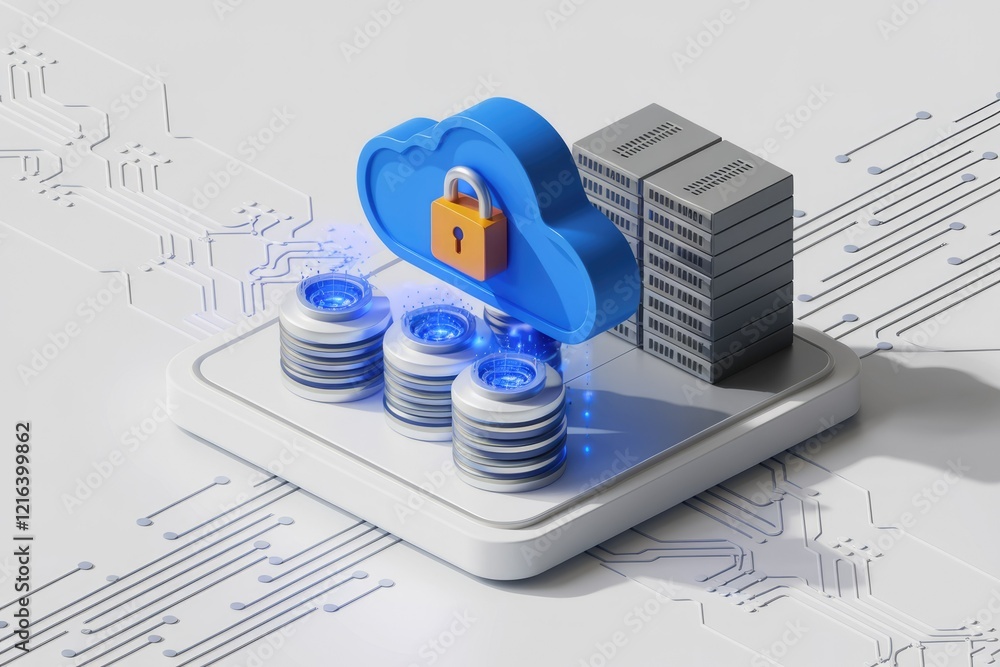Poster secure cloud data storage with encrypted servers and robust cybersecurity measures.