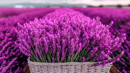 Vibrant Lavender Fields with Basket at Sunset Capturing Tranquility and Natural Beauty