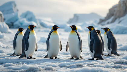 Obraz premium Majestic Emperor Penguins Stand in Formation on Antarctic Ice