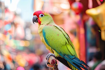 Vibrant parrot perched amidst colorful festival decorations, rad