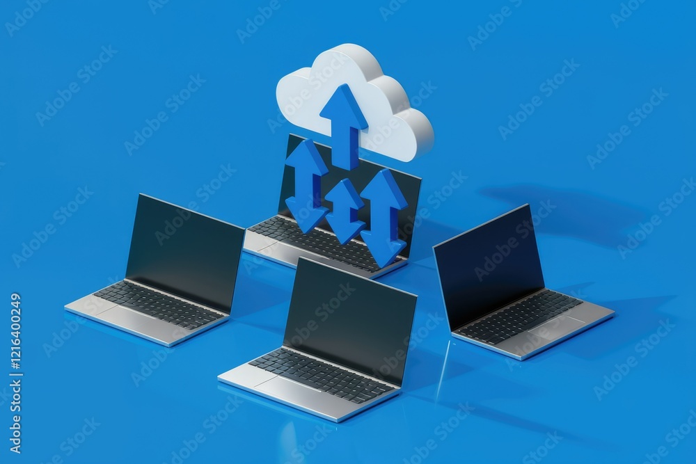 Poster multiple laptops uploading data to a cloud server, illustrating cloud computing and data synchroniza
