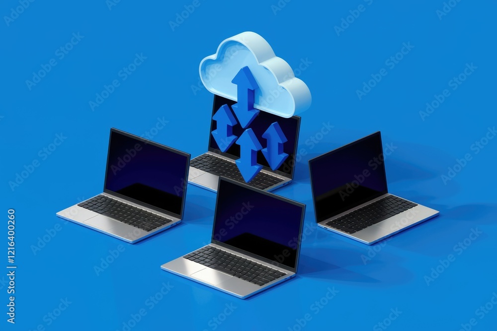 Poster cloud computing: multiple laptops synchronously upload and download data to a cloud server, signifyi