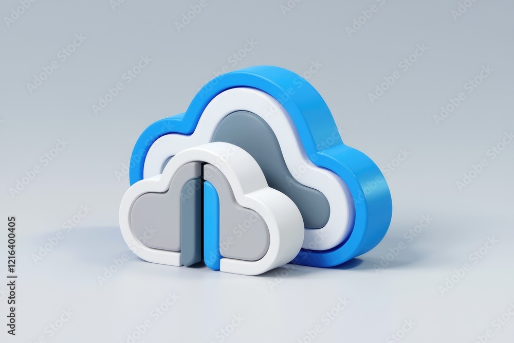 Poster 3d render of cloud computing concept, showcasing data transfer and storage in the cloud.