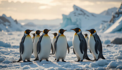 Fototapeta premium Majestic Emperor Penguins Stand in Formation on Antarctic Ice