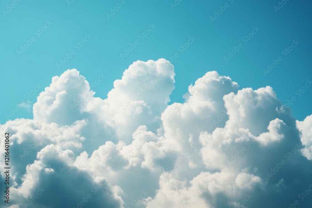 Poster fluffy cotton clouds float gently in a vivid blue sky, creating a serene atmosphere. this scene capt
