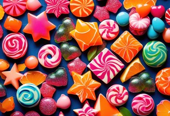 Naklejka premium vibrant colorful candy assortment displayed lively textured surfaces variety shapes bright hues, rainbow, lgbtq, lgbt, pride, love, equality, sweets, confectionery