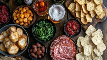 Overhead view of snacks and beer for game day celebrations. 
