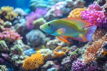 Fototapeta premium Vibrant Tropical Fish in a Colorful Coral Reef Underwater Scene for Marine Conservation Themes