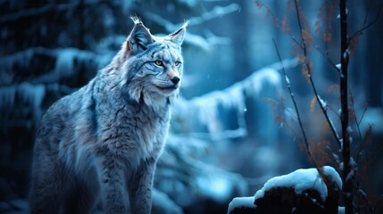 Majestic lynx walking through a snowy forest at twilight, showcasing its beautiful fur and keen eyes