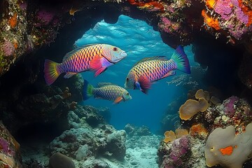 Naklejka na ściany i meble Colorful Parrotfish Swim Through Coral Reef Caves in Vibrant Underwater Scene
