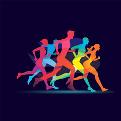 running people set of silhouettes, sport and activity on the dark background