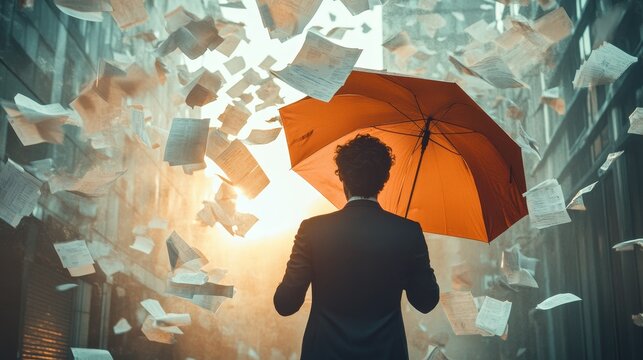 A person stands with an umbrella amidst swirling papers, symbolizing chaos and resilience.