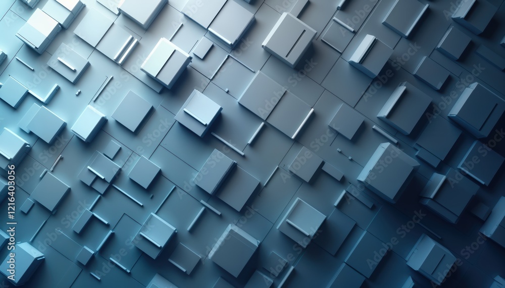 Poster Abstract geometric pattern. Modern 3D mosaic backdrop. Gray, blue polygons squares, lines. Abstract design. Background template. Copy space. Clean layout. Suitable for presentation. Tech business