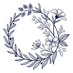 Hand-drawn sketch of wreath with flowers and leaves on it. delicate botanical element, wedding decoration, flower border, flower drawing, rat drawing, border drawing Transparent 