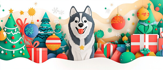 Fototapeta premium Siberian Husky Dog in a Festive Christmas Papercut Design Perfect for Holiday Decor Greeting Cards and Seasonal Artwork Featuring a Playful and Joyful Canine Spirit