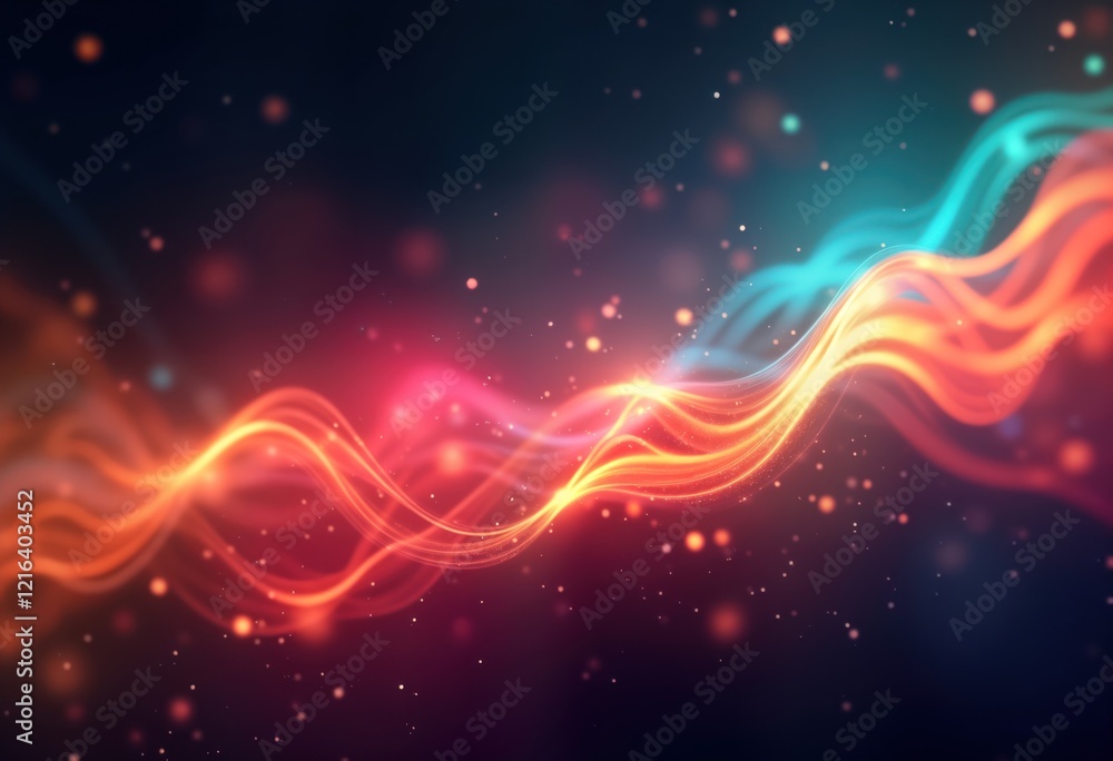 Poster Abstract design with vibrant multicolored lines and glowing particles. Dynamic pattern creates vintage and retro look. Colorful overlay with bokeh effect on dark background. Futuristic design.