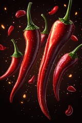 Vibrant red chili peppers with water droplets on a dark background