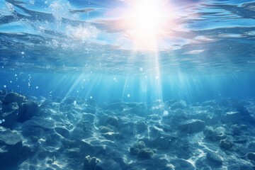 Sunlight filters through clear ocean water over a rocky seafloor at midday. Generative AI