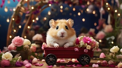 A hamster in a tiny decorated wagon filled with flower petals, with a festive Pet Day backdrop.
