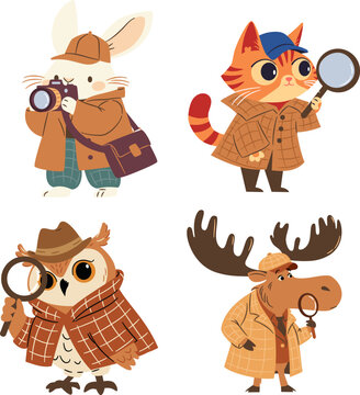 A set of flat vector illustrations in a simple children's style. Cute animal detectives with camera and magnifying glass, moose, cat, hare and owl. Vector illustration