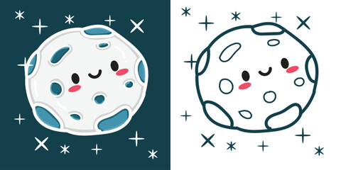 A cute meteor and asteroid cartoon illustration for a sticker, design element, or coloring book element © White