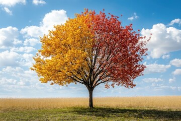 Lonely colorful tree growing in harvested field during autumn season