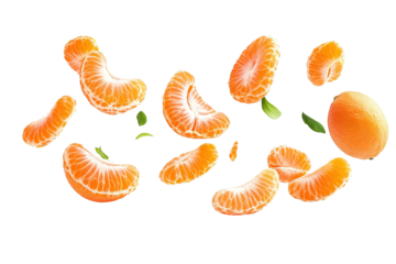 Three oranges are shown in different stages of being peeled. ,on transparent background.