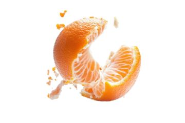 Three oranges are shown in different stages of being peeled. ,on transparent background.
