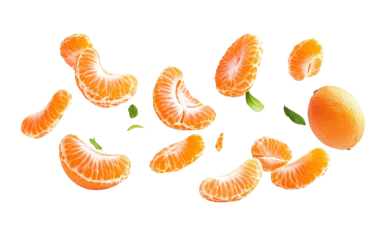 Three oranges are shown in different stages of being peeled. ,on transparent background.
