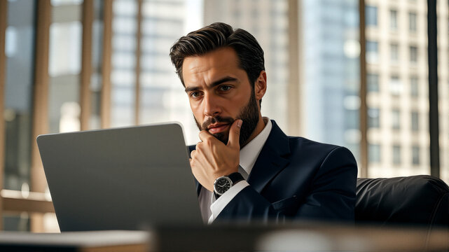 Successful business people contemplate while looking at their computers. Capture moments of strategic thinking and decision making that drive modern leadership and innovation experiences.