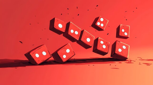 Dynamic shot of red dice tumbling on a striking background, symbolizing chance and excitement.