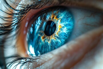 Macro closeup of blue eye showing tiny details of iris and pupil
