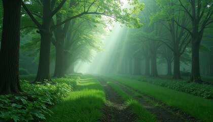 Obraz premium Lush Green Forest Wallpaper: Sunbeams Through Canopy, HD