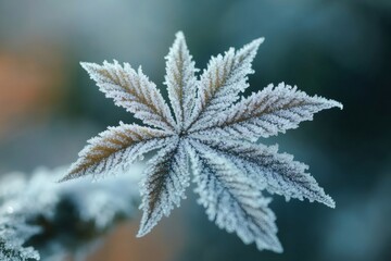 Frozen leaf covered with hoarfrost during winter season
