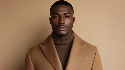 Obraz premium A handsome african american man in mocha mousse sweater and a beige coat, trendy pantone 2025