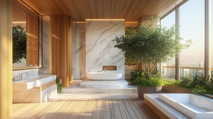 White marbel and wooden bathroom modern interior with a wooden floor, a white ceramic tub, a tree in a pot, panoramic window. 3d rendering