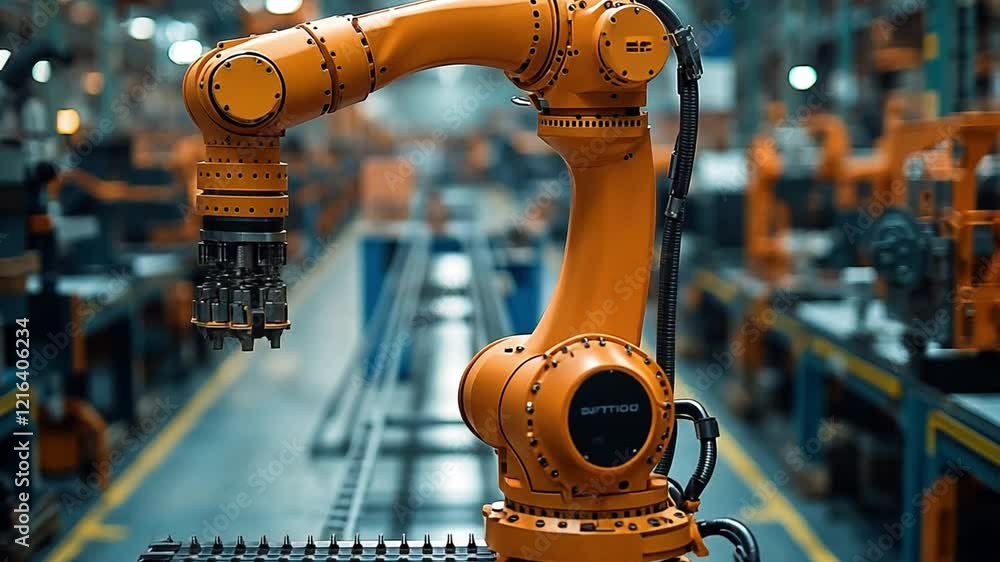 Poster robot arm operating in a modern factory environment during daytime assembly operations