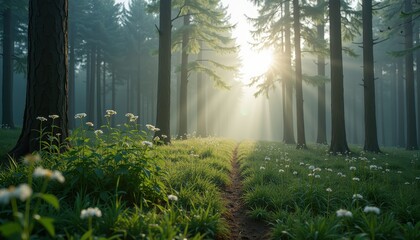 Serene Forest Sunrise Path with Colorful Gradient Sky