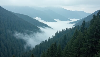 Obraz premium Breathtaking Misty Forested Mountain Ran with River and Dense Evergreen Trees Amid Clouds and Serene Fog