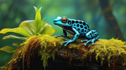 Fototapeta premium Bright blue poison dart frog perched on a mossy log in a lush tropical setting during the day