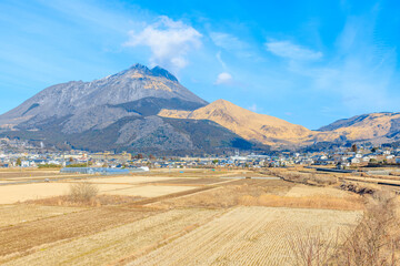 冬の由布岳と田園風景　大分県由布市　Yufudake and rural scenery in winter. Oita Pref, Yufu City.