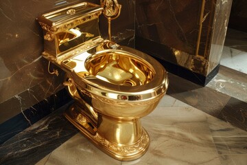 Gleaming golden toilet takes center stage in a luxurious bathroom, showcasing ultimate opulence and extravagance